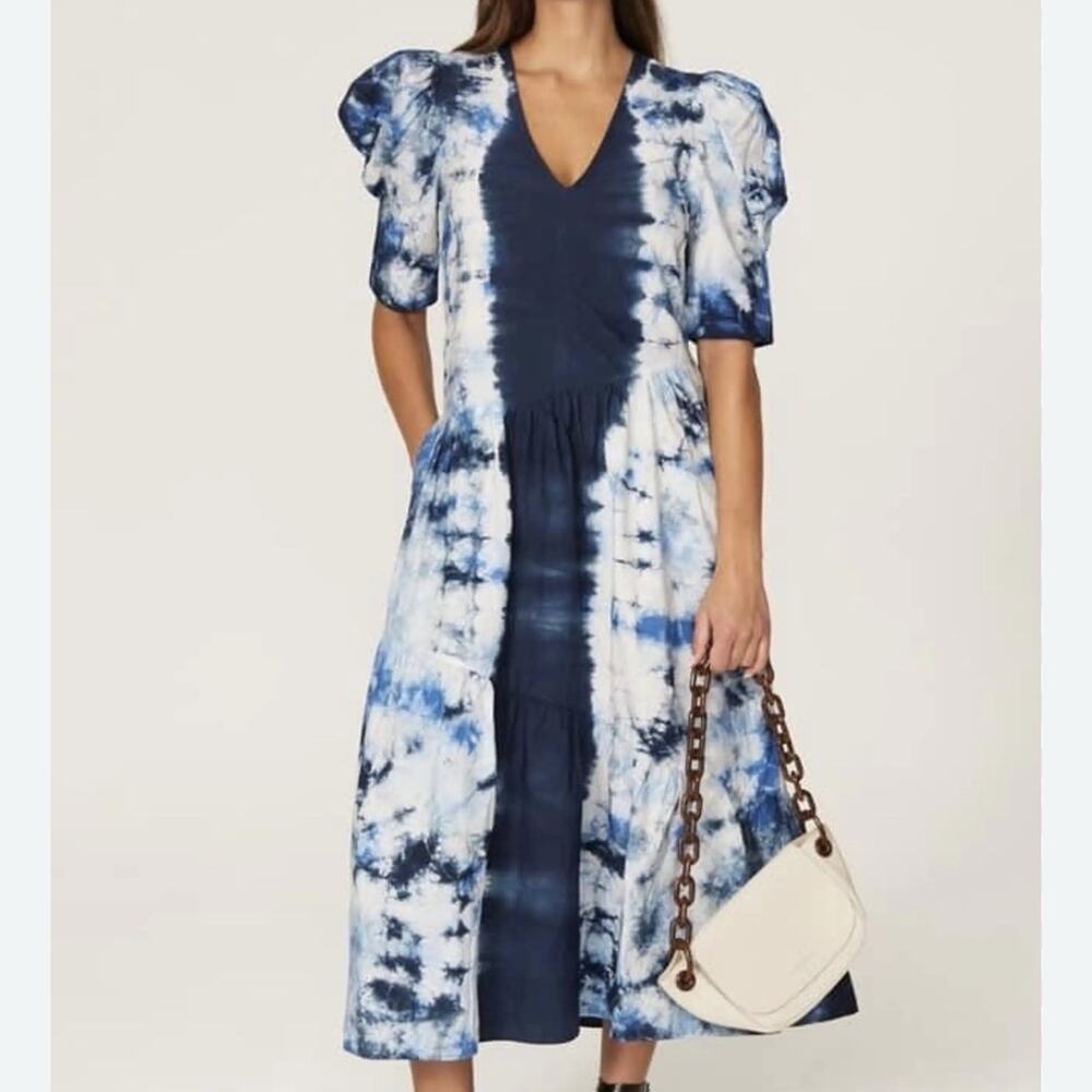 SEA New York Celestia Tie Dye Print Puff Sleeve Midi Dress In Multi Size XS